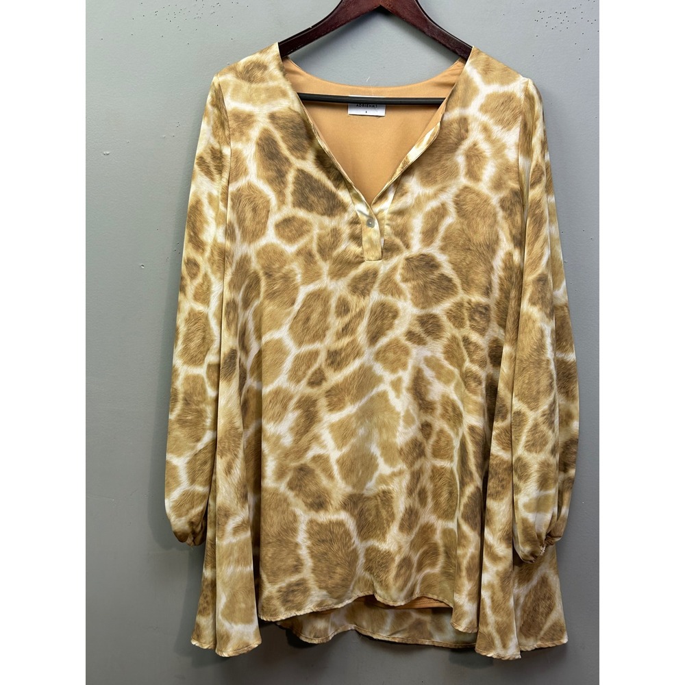 Adrienne Mini Dress Womens Small Tan Giraffe Animal Print Long Sleeve V-Neck